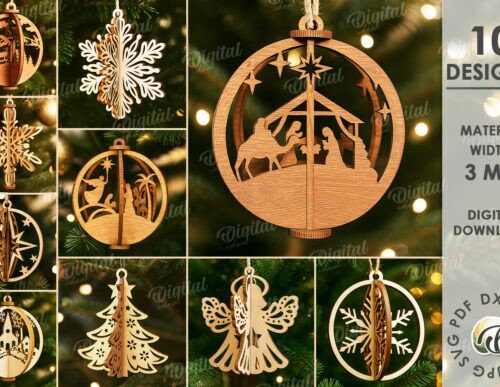 Adornos navideños para corte láser y CNC, 12 piezas madera contrachapada