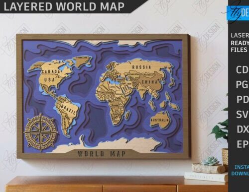 Mapa del mundo multicapa para corte láser, decoración hogar