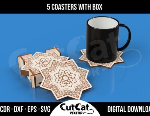5 posavasos decorativos grabados en una caja
