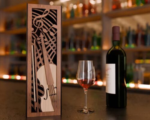 Caja de regalo de madera para botella de vino con tema violín