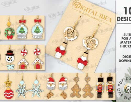 Pendientes navideños para corte láser y CNC, archivos SVG y DXF incluidos