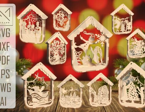 Adornos navideños para corte láser y CNC, 12 piezas madera contrachapada A4