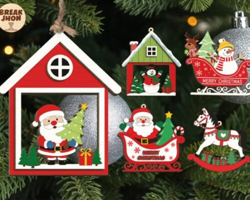 Adornos navideños para corte láser y CNC, pack 3 diseños en MDF rojo vivo