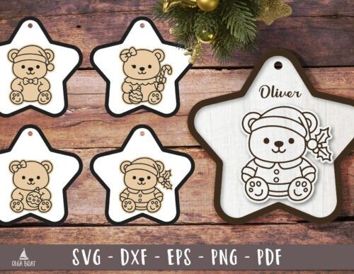 Adorno navideño osito de peluche para corte láser CNC, archivos SVG y DXF incluidos