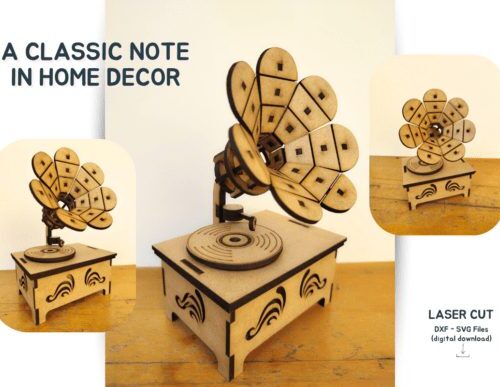 Diseño gramófono para corte láser y CNC, archivos SVG y DXF incluidos