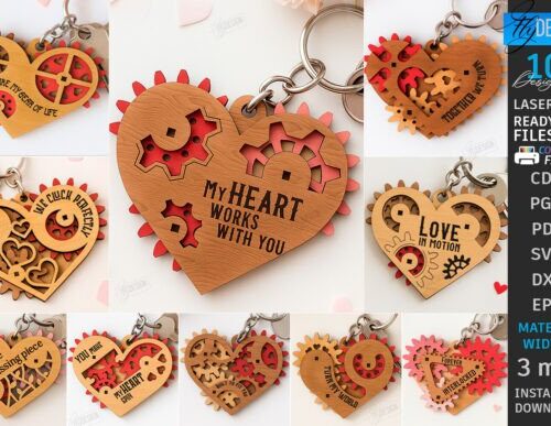 Llaveros de corazón mecánico para corte láser y CNC