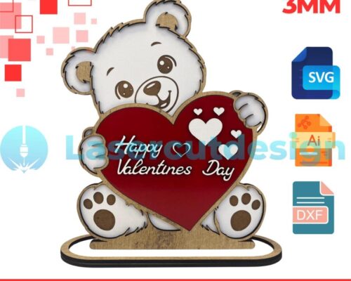 Oso Día del Amor y la Amistad para corte láser CNC, archivos SVG y DXF incluidos