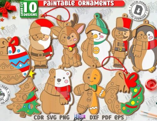 Adornos Navideños para corte láser y CNC, 12 Piezas Madera Contrachapada