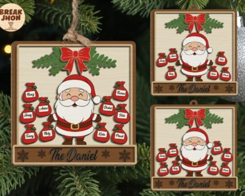Adorno personalizado de la familia de Papá Noel para corte láser y CNC, archivos SVG y DXF incluidos