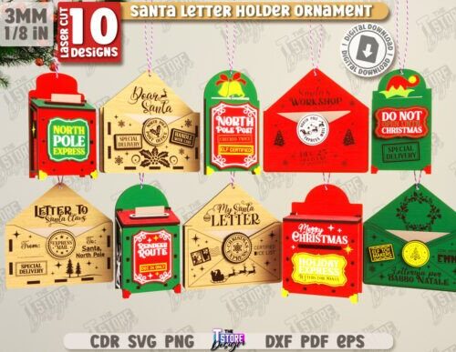 Adornos Navidad para corte láser y CNC, Pack 10 x A3 MDF Papá Noel