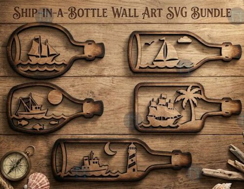Arte mural navideño barco en botella para corte láser CNC