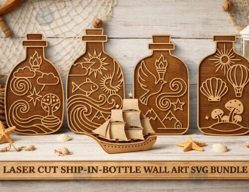 Arte mural de barco en botella para corte láser y CNC
