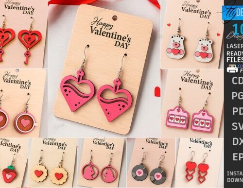 Pendientes San Valentín para corte láser y CNC, 18x20mm
