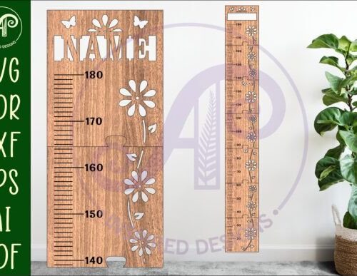 Tabla de altura para niños con diseño de flores de vid en unidades métricas