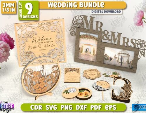Decoración boda diseño MDF para corte láser CNC