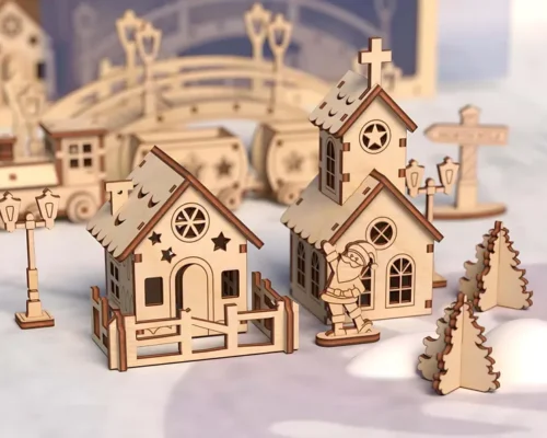 Diseño de Pueblo Navideño para corte láser y CNC, archivos SVG y DXF incluidos